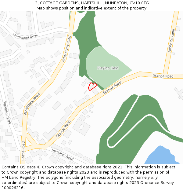 3, COTTAGE GARDENS, HARTSHILL, NUNEATON, CV10 0TG: Location map and indicative extent of plot