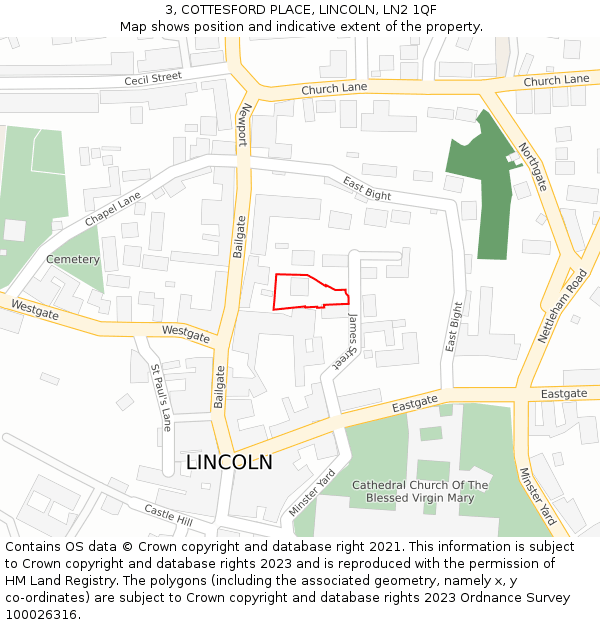 3, COTTESFORD PLACE, LINCOLN, LN2 1QF: Location map and indicative extent of plot