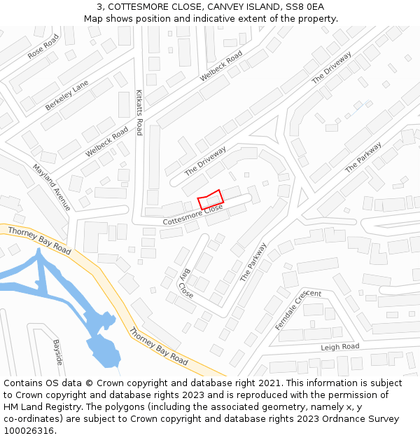 3, COTTESMORE CLOSE, CANVEY ISLAND, SS8 0EA: Location map and indicative extent of plot