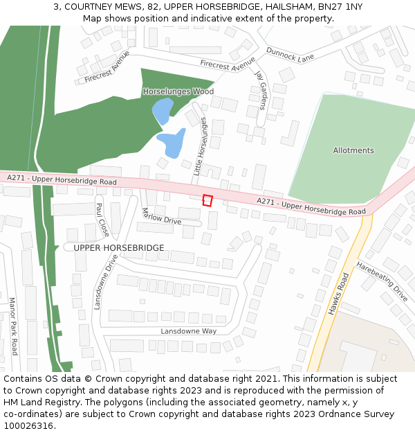 3, COURTNEY MEWS, 82, UPPER HORSEBRIDGE, HAILSHAM, BN27 1NY: Location map and indicative extent of plot