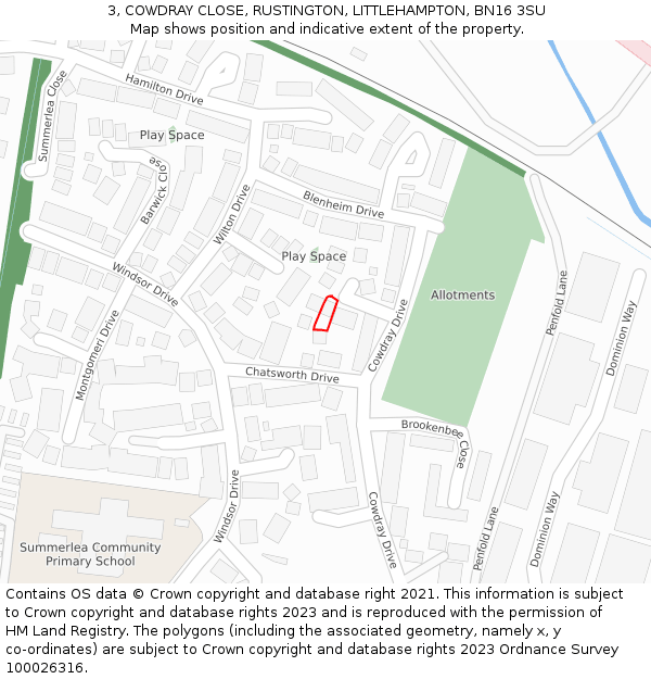 3, COWDRAY CLOSE, RUSTINGTON, LITTLEHAMPTON, BN16 3SU: Location map and indicative extent of plot