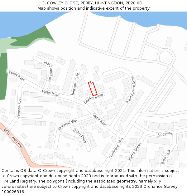 3, COWLEY CLOSE, PERRY, HUNTINGDON, PE28 0DH: Location map and indicative extent of plot