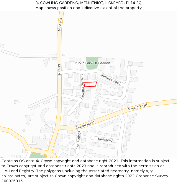 3, COWLING GARDENS, MENHENIOT, LISKEARD, PL14 3QJ: Location map and indicative extent of plot