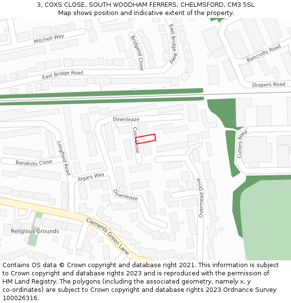 3, COXS CLOSE, SOUTH WOODHAM FERRERS, CHELMSFORD, CM3 5SL: Location map and indicative extent of plot