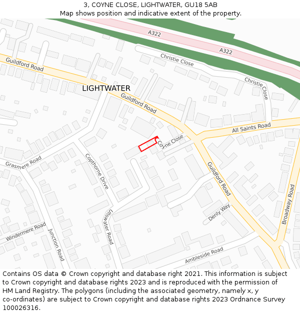 3, COYNE CLOSE, LIGHTWATER, GU18 5AB: Location map and indicative extent of plot