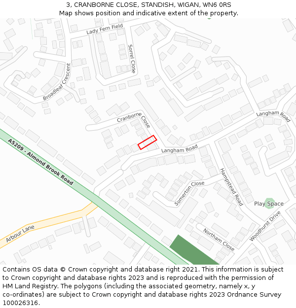 3, CRANBORNE CLOSE, STANDISH, WIGAN, WN6 0RS: Location map and indicative extent of plot