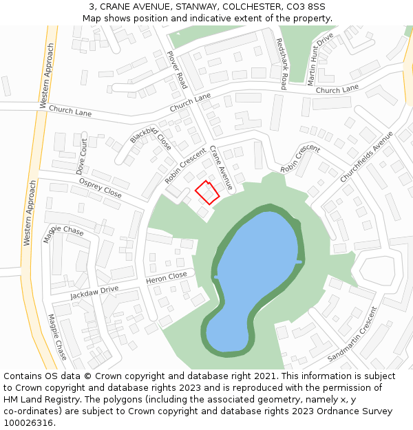 3, CRANE AVENUE, STANWAY, COLCHESTER, CO3 8SS: Location map and indicative extent of plot