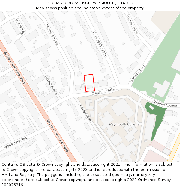 3, CRANFORD AVENUE, WEYMOUTH, DT4 7TN: Location map and indicative extent of plot