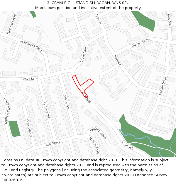 3, CRANLEIGH, STANDISH, WIGAN, WN6 0EU: Location map and indicative extent of plot
