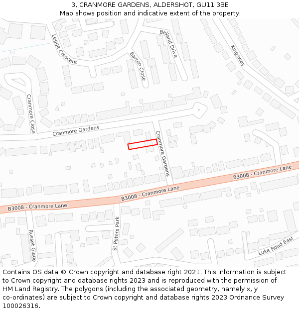 3, CRANMORE GARDENS, ALDERSHOT, GU11 3BE: Location map and indicative extent of plot