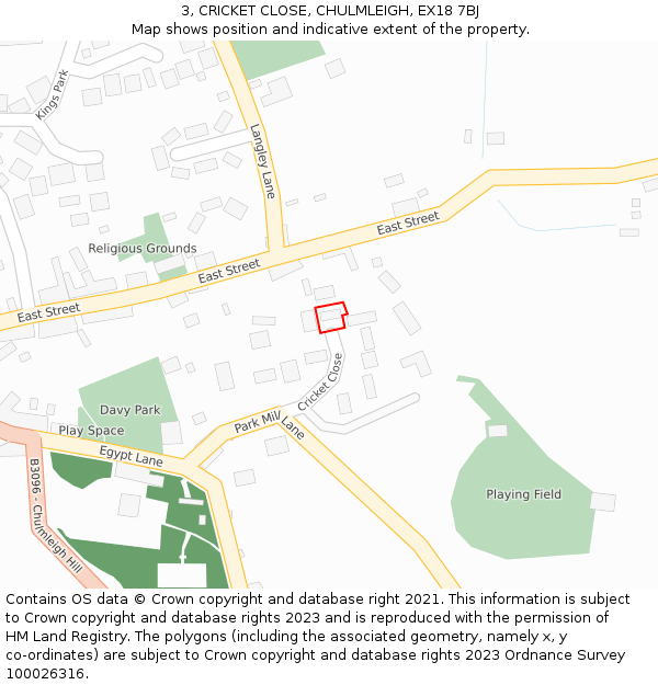 3, CRICKET CLOSE, CHULMLEIGH, EX18 7BJ: Location map and indicative extent of plot