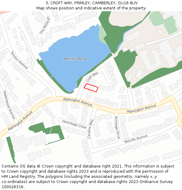 3, CROFT WAY, FRIMLEY, CAMBERLEY, GU16 8LN: Location map and indicative extent of plot
