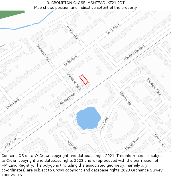 3, CROMPTON CLOSE, ASHTEAD, KT21 2DT: Location map and indicative extent of plot