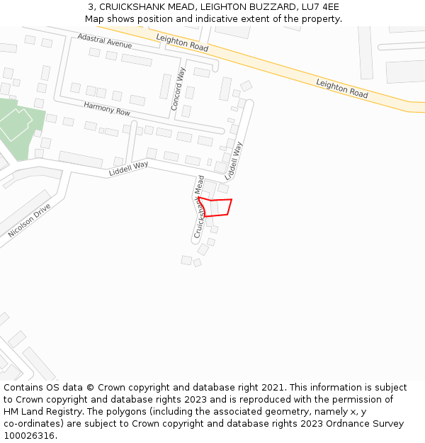 3, CRUICKSHANK MEAD, LEIGHTON BUZZARD, LU7 4EE: Location map and indicative extent of plot