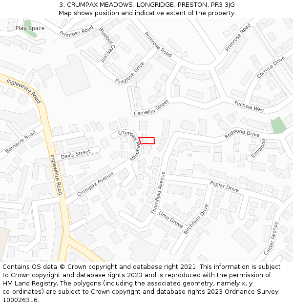 3, CRUMPAX MEADOWS, LONGRIDGE, PRESTON, PR3 3JG: Location map and indicative extent of plot