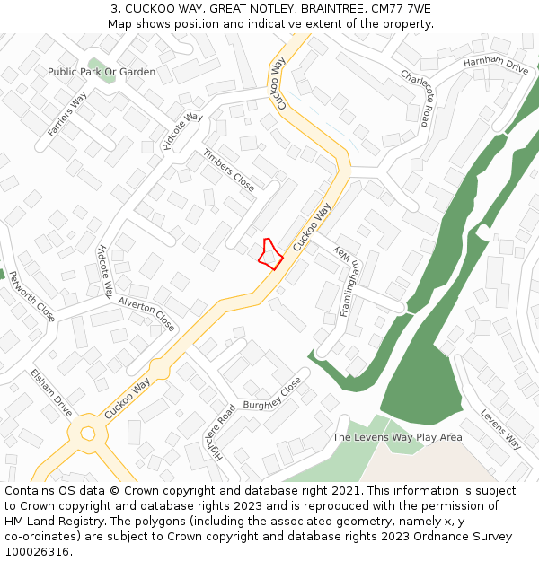 3, CUCKOO WAY, GREAT NOTLEY, BRAINTREE, CM77 7WE: Location map and indicative extent of plot