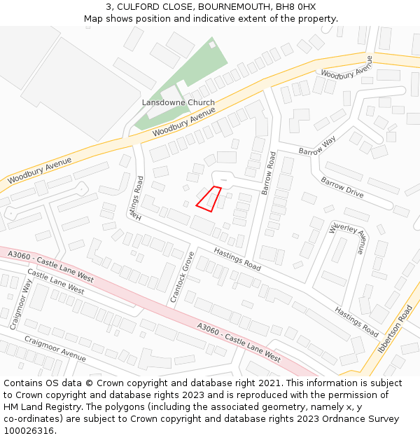 3, CULFORD CLOSE, BOURNEMOUTH, BH8 0HX: Location map and indicative extent of plot