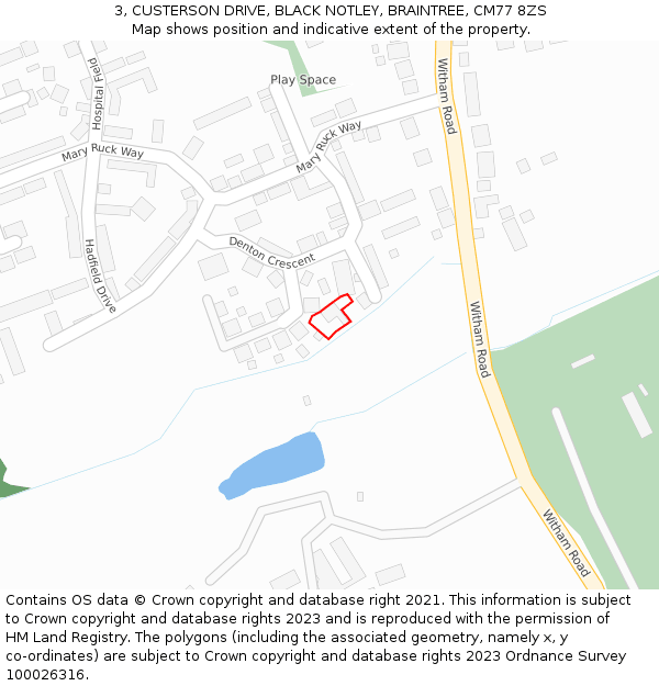 3, CUSTERSON DRIVE, BLACK NOTLEY, BRAINTREE, CM77 8ZS: Location map and indicative extent of plot