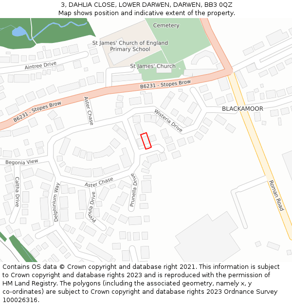 3, DAHLIA CLOSE, LOWER DARWEN, DARWEN, BB3 0QZ: Location map and indicative extent of plot