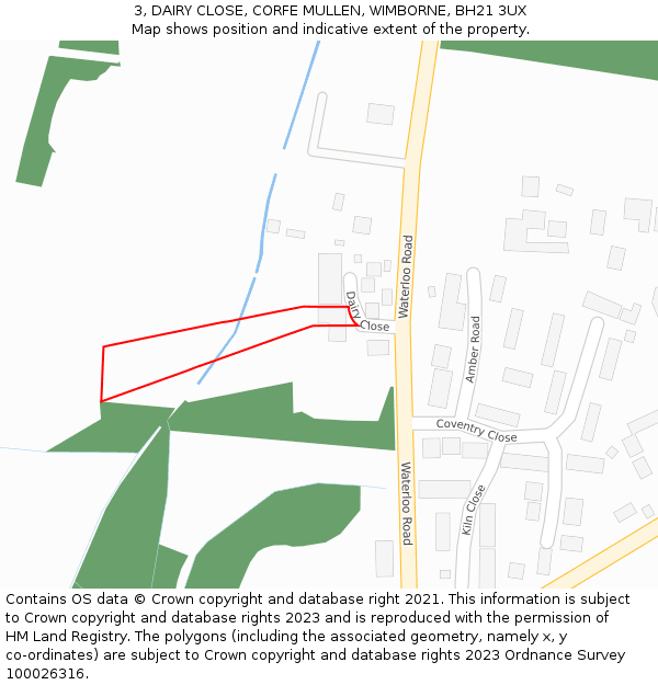 3, DAIRY CLOSE, CORFE MULLEN, WIMBORNE, BH21 3UX: Location map and indicative extent of plot