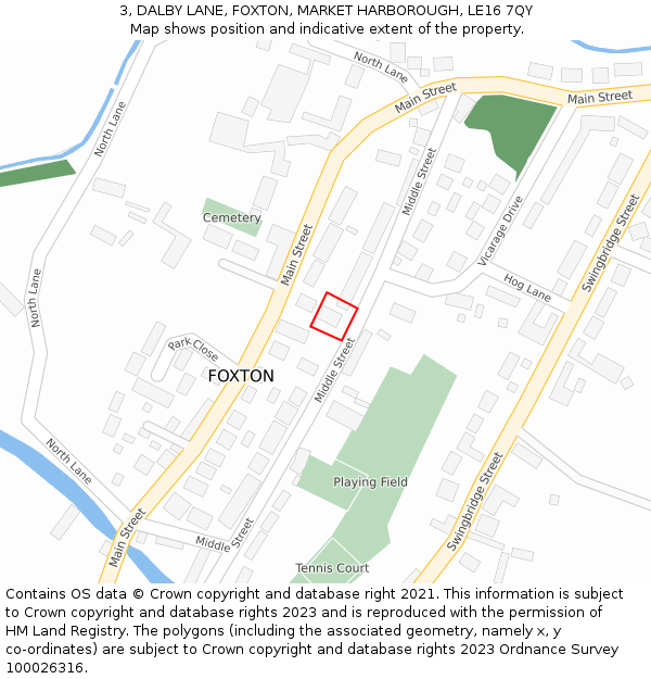 3, DALBY LANE, FOXTON, MARKET HARBOROUGH, LE16 7QY: Location map and indicative extent of plot