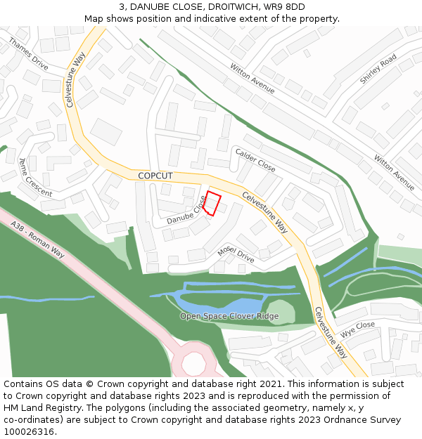 3, DANUBE CLOSE, DROITWICH, WR9 8DD: Location map and indicative extent of plot