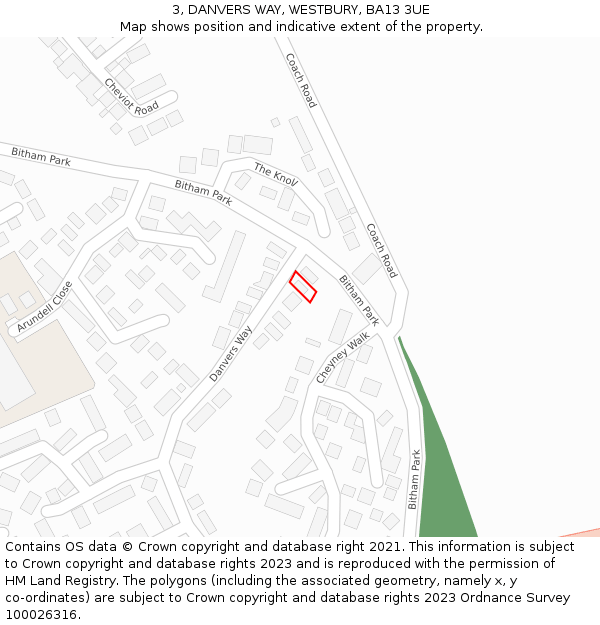 3, DANVERS WAY, WESTBURY, BA13 3UE: Location map and indicative extent of plot