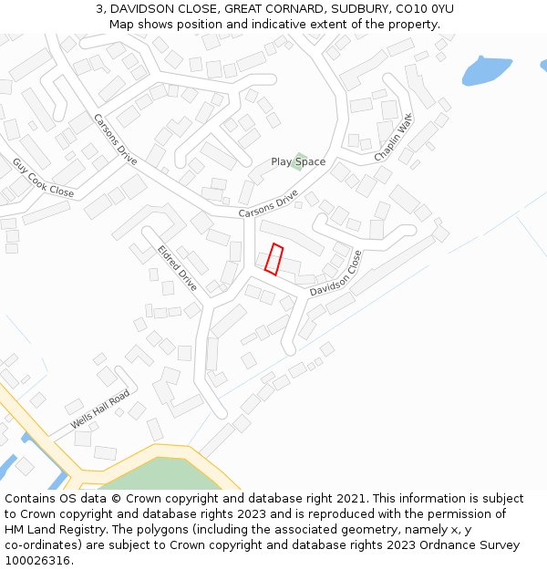 3, DAVIDSON CLOSE, GREAT CORNARD, SUDBURY, CO10 0YU: Location map and indicative extent of plot