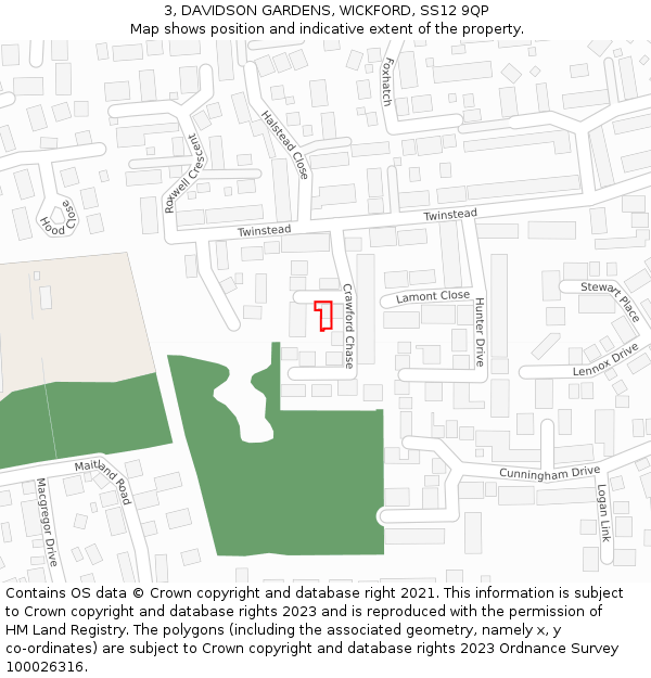 3, DAVIDSON GARDENS, WICKFORD, SS12 9QP: Location map and indicative extent of plot