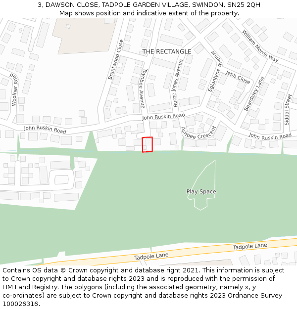 3, DAWSON CLOSE, TADPOLE GARDEN VILLAGE, SWINDON, SN25 2QH: Location map and indicative extent of plot