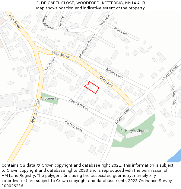 3, DE CAPEL CLOSE, WOODFORD, KETTERING, NN14 4HR: Location map and indicative extent of plot