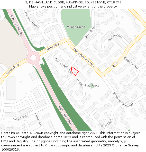 3, DE HAVILLAND CLOSE, HAWKINGE, FOLKESTONE, CT18 7FE: Location map and indicative extent of plot