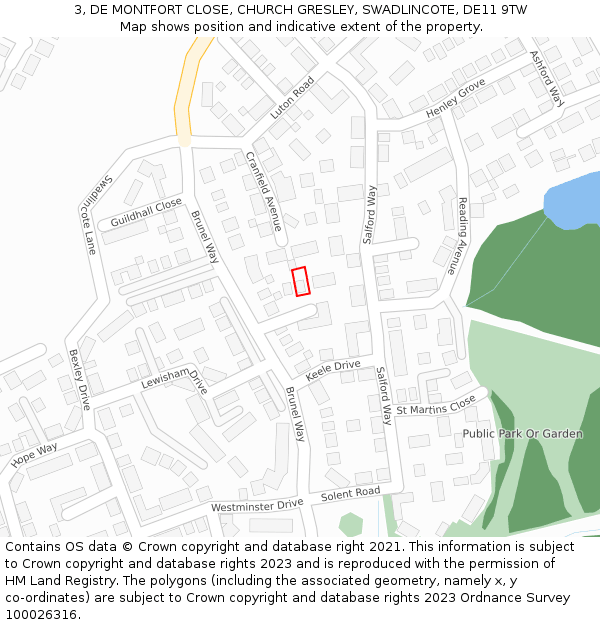 3, DE MONTFORT CLOSE, CHURCH GRESLEY, SWADLINCOTE, DE11 9TW: Location map and indicative extent of plot