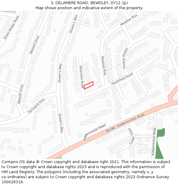 3, DELAMERE ROAD, BEWDLEY, DY12 1JU: Location map and indicative extent of plot