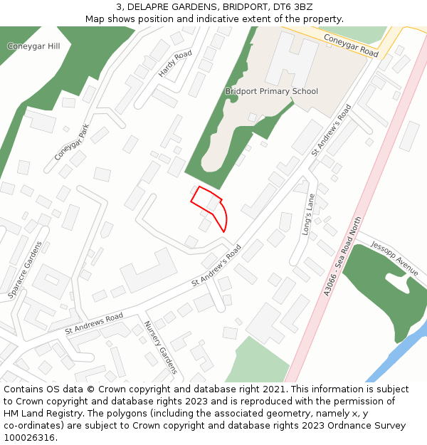 3, DELAPRE GARDENS, BRIDPORT, DT6 3BZ: Location map and indicative extent of plot