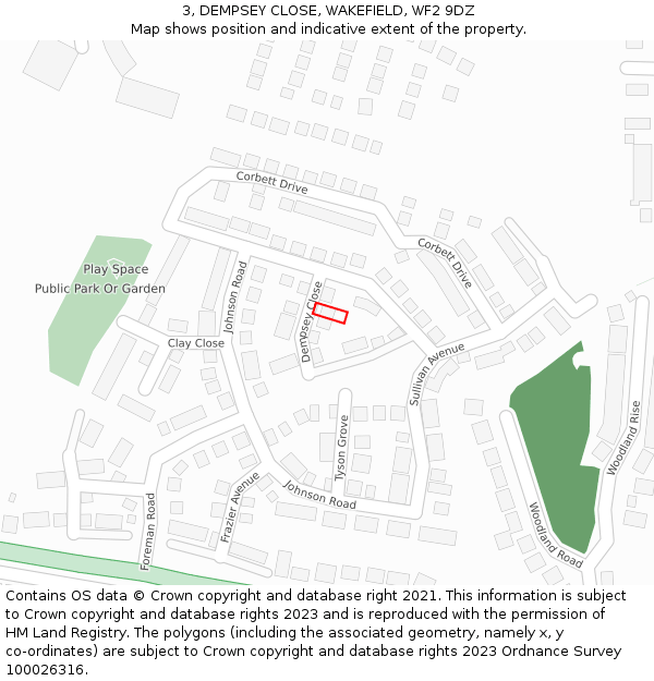 3, DEMPSEY CLOSE, WAKEFIELD, WF2 9DZ: Location map and indicative extent of plot