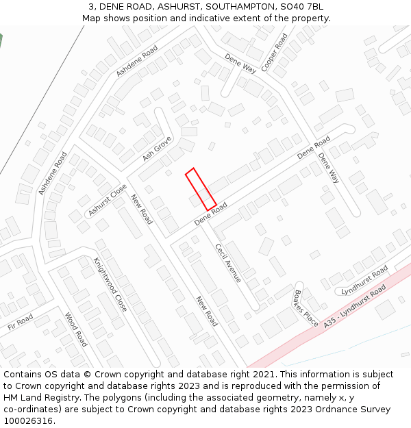 3, DENE ROAD, ASHURST, SOUTHAMPTON, SO40 7BL: Location map and indicative extent of plot