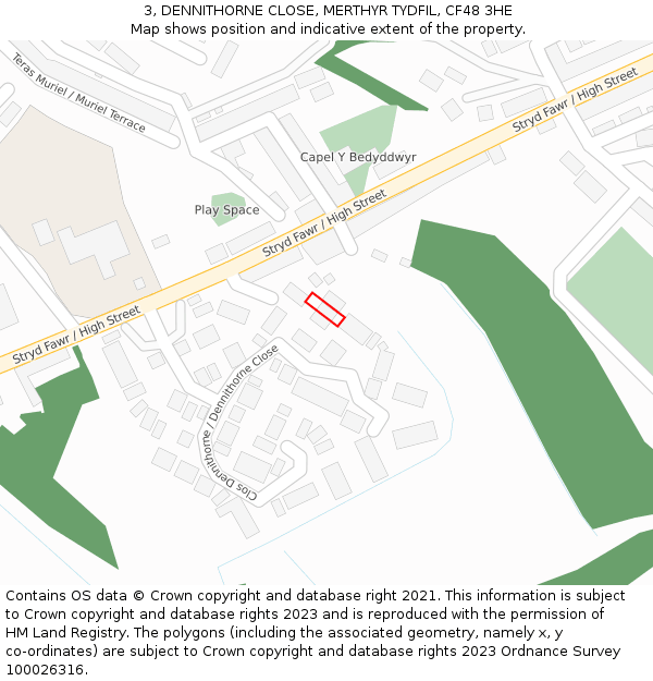 3, DENNITHORNE CLOSE, MERTHYR TYDFIL, CF48 3HE: Location map and indicative extent of plot
