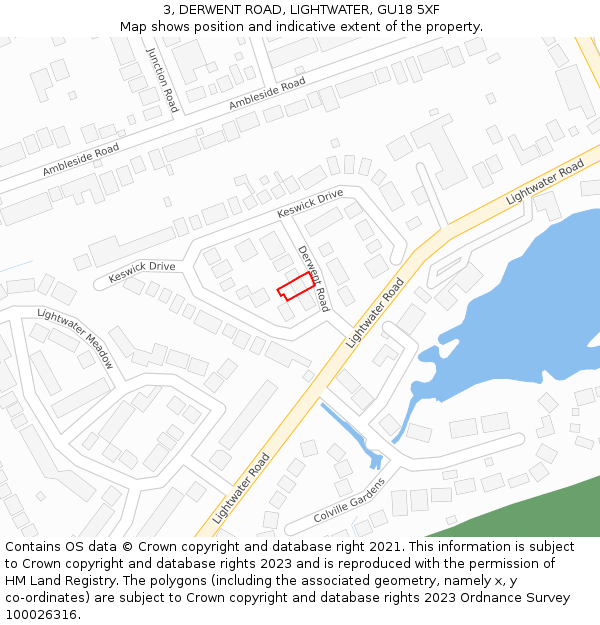 3, DERWENT ROAD, LIGHTWATER, GU18 5XF: Location map and indicative extent of plot