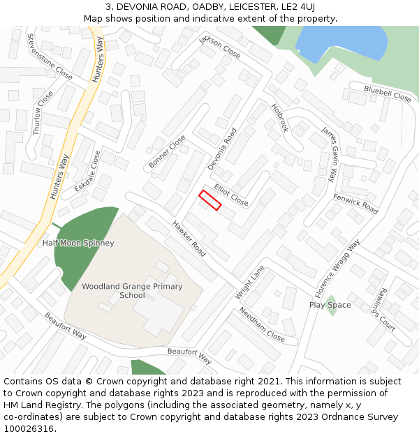 3, DEVONIA ROAD, OADBY, LEICESTER, LE2 4UJ: Location map and indicative extent of plot