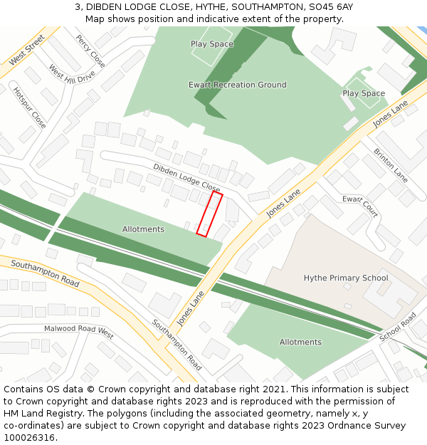 3, DIBDEN LODGE CLOSE, HYTHE, SOUTHAMPTON, SO45 6AY: Location map and indicative extent of plot