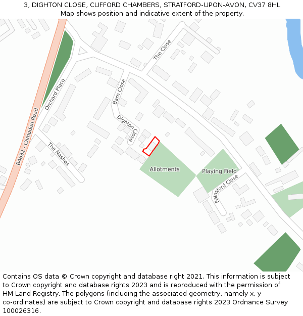 3, DIGHTON CLOSE, CLIFFORD CHAMBERS, STRATFORD-UPON-AVON, CV37 8HL: Location map and indicative extent of plot