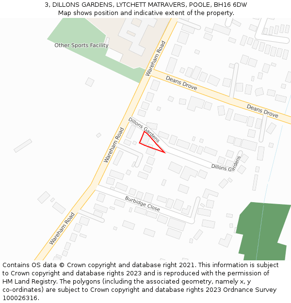 3, DILLONS GARDENS, LYTCHETT MATRAVERS, POOLE, BH16 6DW: Location map and indicative extent of plot