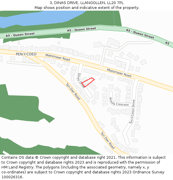 3, DINAS DRIVE, LLANGOLLEN, LL20 7PL: Location map and indicative extent of plot