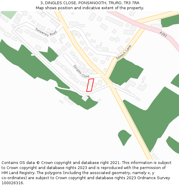 3, DINGLES CLOSE, PONSANOOTH, TRURO, TR3 7RA: Location map and indicative extent of plot