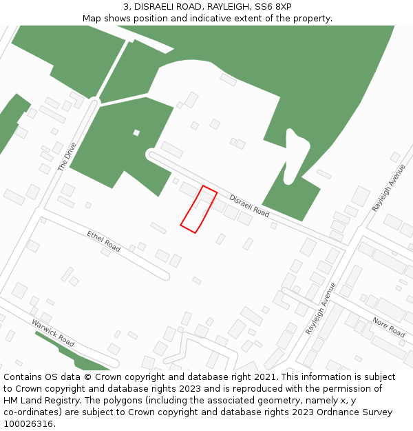 3, DISRAELI ROAD, RAYLEIGH, SS6 8XP: Location map and indicative extent of plot