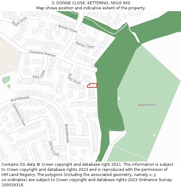 3, DONNE CLOSE, KETTERING, NN16 9XS: Location map and indicative extent of plot