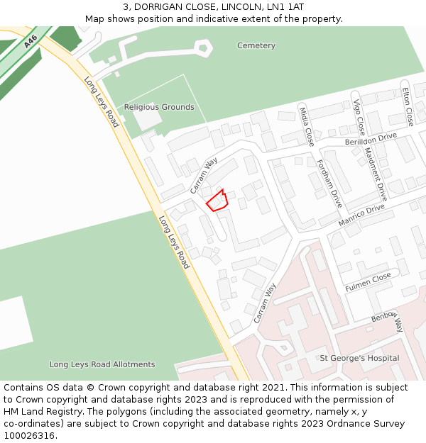3, DORRIGAN CLOSE, LINCOLN, LN1 1AT: Location map and indicative extent of plot