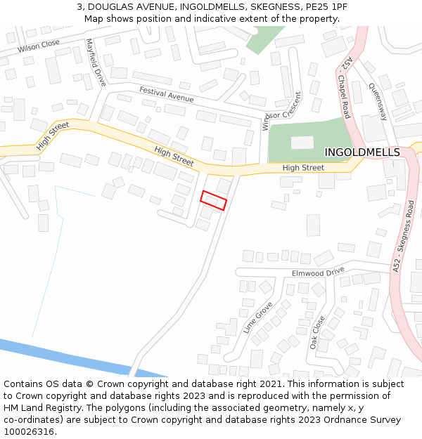 3, DOUGLAS AVENUE, INGOLDMELLS, SKEGNESS, PE25 1PF: Location map and indicative extent of plot