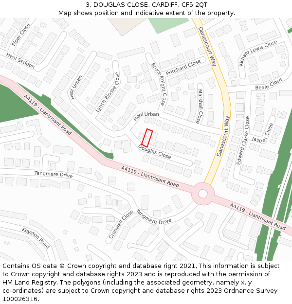 3, DOUGLAS CLOSE, CARDIFF, CF5 2QT: Location map and indicative extent of plot